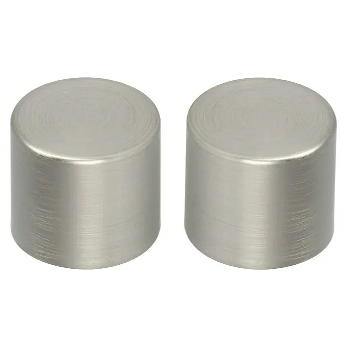 Expo Ambiente Endstück Cap - Edelstahloptik, Geeignet für: Gardinenstangen Ø 16 mm - Zwei zylindrische Metallknöpfe mit einer gebürsteten Oberfläche, ideal für Möbel oder Geräte. Sie bieten eine robuste und stilvolle Ergänzung.