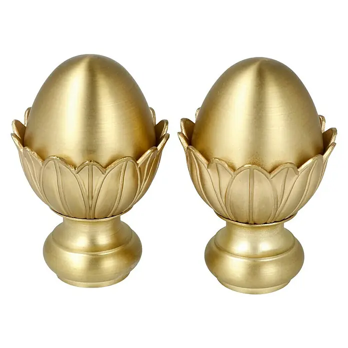 Expo Ambiente Endstück Victory - Messingoptik matt, Geeignet für: Gardinenstangen Ø 20 mm, 2 Stk. - Zwei goldene, eiförmige Verzierungen mit floralem Sockel, die ein elegantes Design aufweisen und die Ästhetik hervorheben.
