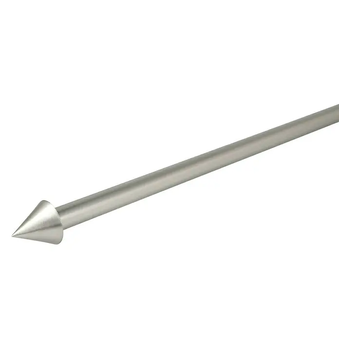 Expo Ambiente Endstück Cone - Edelstahloptik, 16 mm - Metallstab mit einer Kegelspitze. Die silberne Stange ist glatt und schimmert, was auf ihre Qualität und Robustheit hinweist.