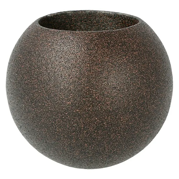 Expo Ambiente Endstück Ball - Rost, Geeignet für: Gardinenstangen Ø 20 mm, 2 Stk. - Nahaufnahme einer kugelförmigen Blumenvase mit einer dunklen, gesprenkelten Textur, die eine rustikale und elegante Ausstrahlung verleiht.