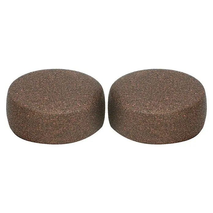 Expo Ambiente Endstück Cap-Noble - Rost, Geeignet für: Gardinenstangen Ø 20 mm - Nahaufnahme von zwei abgerundeten, kupferfarbenen Tabletten mit einer leicht körnigen Textur, ideal für medizinische Zwecke.