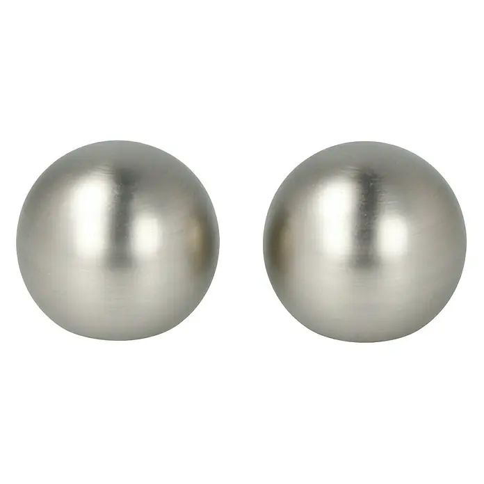 Expo Ambiente Endstück Ball - Edelstahloptik, 16 mm - Zwei glänzende, silberfarbene Kugeln, die das Licht reflektieren und eine metallische Textur aufweisen.