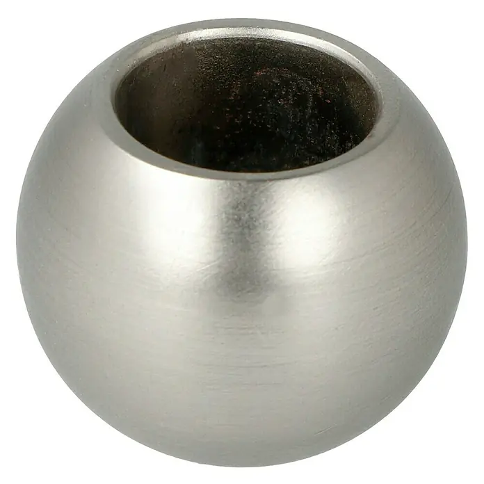 Expo Ambiente Endstück Ball - Edelstahloptik, 16 mm - Nahaufnahme einer kugelartigen, silberfarbenen Schmuckperle mit einer zylindrischen Öffnung.