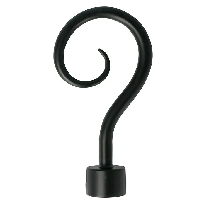 Expo Ambiente Endstück Hook - Schwarz, Geeignet für: Gardinenstangen Ø 20 mm - Nahaufnahme einer schwarzen, dekorativen Gardinenstangen-Endkappe in Spiralform. Sie ist elegant und aus robustem Material gefertigt.