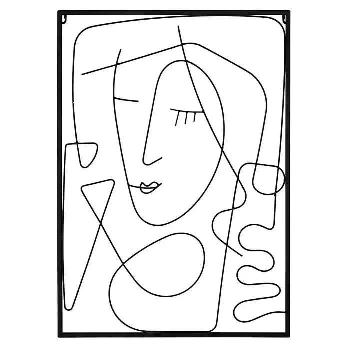 Wandobjekt Pica II - 49 x 69 cm, Schwarz - Abstrakte Wandkunst: Einzigartiges Metallbild mit minimalistischer Gesichts-Linienführung, ideal für moderne Interieurs und als Blickfang.