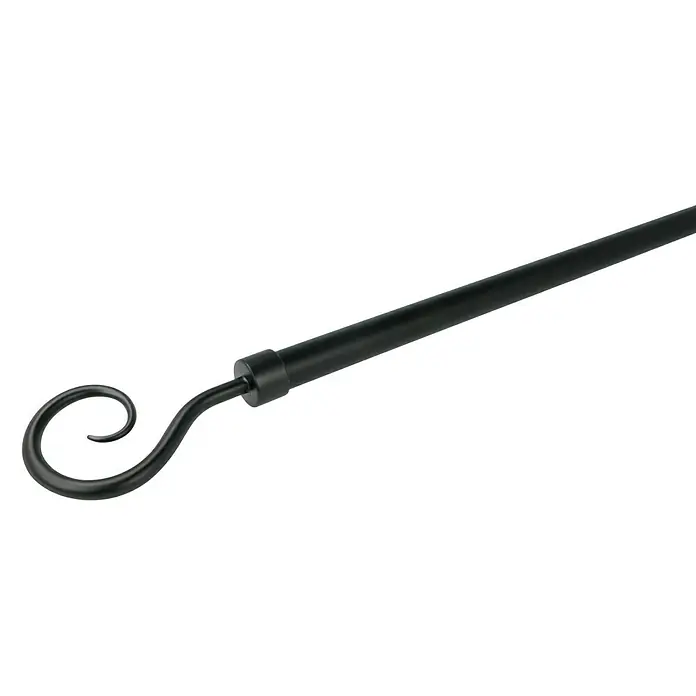 Expo Ambiente Endstück Hook - Schwarz, Geeignet für: Gardinenstangen Ø 20 mm - Detailaufnahme einer schwarzen, dekorativen Metallstange mit einer eleganten, gewundenen Spitze.
