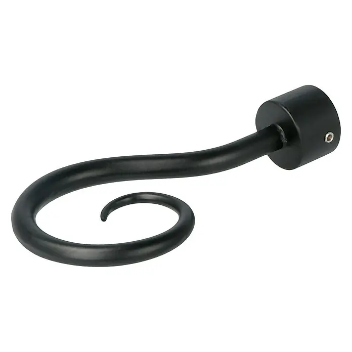 Expo Ambiente Endstück Hook - Schwarz, Geeignet für: Gardinenstangen Ø 20 mm - Nahaufnahme einer schwarzen, gewundenen Gardinenstange mit einer zylindrischen Halterung, die ein stilvolles Akzentstück für Fensterdekorationen darstellt.