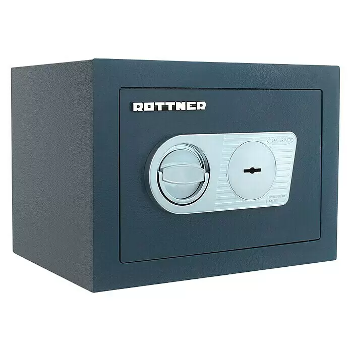 Rottner Möbeltresor Samoa - L x B x H: 28 x 37 x 27 cm, Doppelbart-Hochsicherheitsschloss, Anthrazit - Dunkelgrauer Rottner Safe mit silbernem Comsafe Schlüsselschloss und Griff. Sichere Aufbewahrung für Wertsachen.