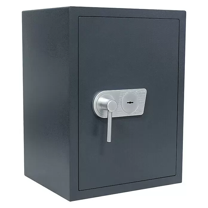 Rottner Möbeltresor Samoa - L x B x H: 41 x 49 x 66 cm, Doppelbart-Hochsicherheitsschloss, Anthrazit - Dunkelgrauer Metalltresor mit silbernem Griff und Schlüsselloch.