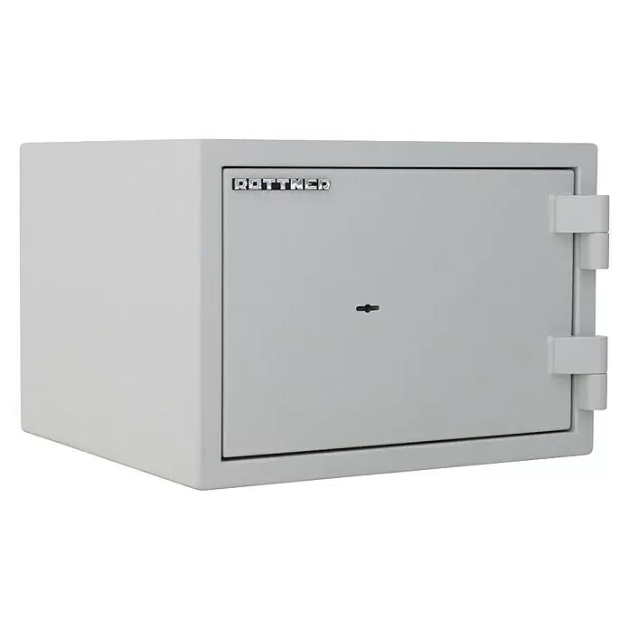 Rottner Feuerschutztresor Fire Safe - 45 x 44,5 x 31,5 cm, Doppelbart-Hochsicherheitsschloss - Heller grauer Rottner Tresor mit Schlüsselloch und externen Scharnieren.