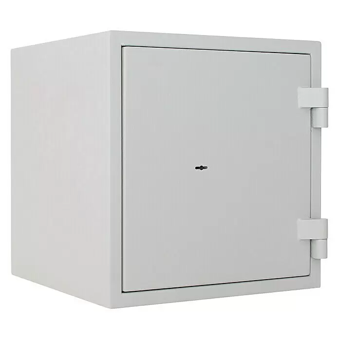 Rottner Feuerschutztresor Fire Safe - 45 x 44 x 46 cm, Doppelbart-Hochsicherheitsschloss - Hellgrauer Metalltresor mit Schlüsselloch an der Tür und außenliegenden Scharnieren.