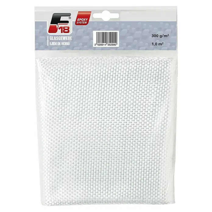 F18 Glasgewebe - 1 x 1 m, Flächengewicht: 300 g/m² - Abbildung eines Glasgewebes mit 300 g/m² und 1,0 m² Größe, verpackt unter der Marke F18 Epoxy System, ideal für Verbundwerkstoffprojekte.