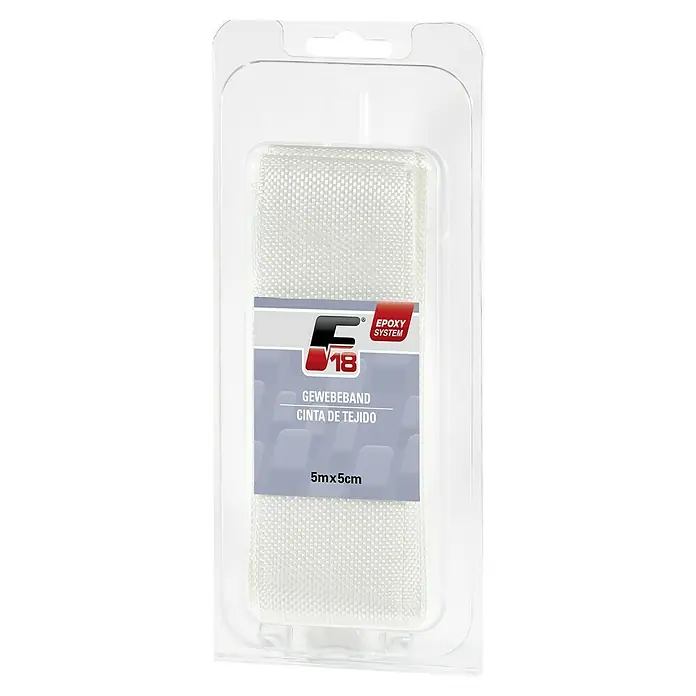 F18 Glasgewebeband - L x B: 5 m x 5 cm - Bild eines F18 Gewebebandes, ein Epoxidharzsystem, verpackt in einer transparenten Kunststoffhülle, ideal für Reparaturen.