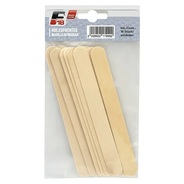F18 Holzspachtel - Länge: 15 cm, 10 Stk. - Eine Packung Holzspachtel, bestehend aus 10 Stück Holzspachteln, verpackt in einer transparenten Kunststoffhülle.