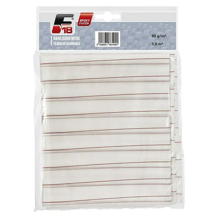 F18 Epoxid-Abreißgewebe - 1 x 1 m - Ein verpacktes Abreissgewebe (90 g/m²) mit einer Fläche von 1,0 m², ideal für Epoxidharzsysteme, präsentiert in einer transparenten Verpackung.