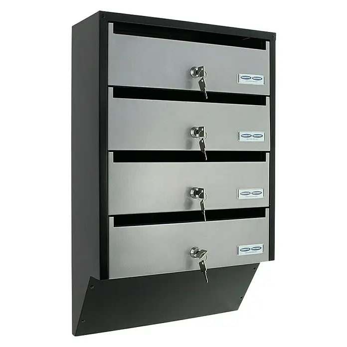 Rottner Briefkastenanlage - L x B x H: 38,5 x 14 x 60 cm, Schwarz/Silber, Stahl, Namensschild - Briefkastenanlage mit vier Fächern, jedes mit eigenem Schloss und Schlüssel. Ideal für Wohnanlagen oder Büros zur sicheren Postverteilung.