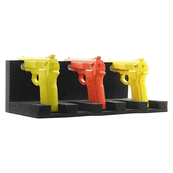 Rottner Kurzwaffenhalter - L x B x H: 20 x 37,5 x 13,5 cm, Geeignet für: Max. 5 Kurzwaffen ohne Munition - Schwarzer Schaumstoffständer mit drei Übungspistolen: zwei gelbe und eine rote.