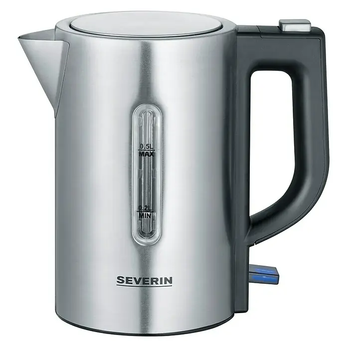 Reise-Wasserkocher - 0,5 l, 1.100 W - Ein moderner, silberfarbener Severin-Wasserkocher mit schwarzem Griff und Wasserstandsanzeige.
