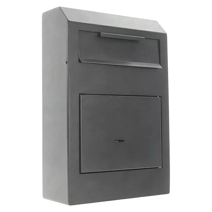 Rottner Einwurftresor Cashmatic - 11,5 x 25 x 38 cm, Doppelbartschloss - Dunkelgrauer Metallbriefkasten mit obenliegendem Einwurfschlitz und abschließbarem Fach unten.