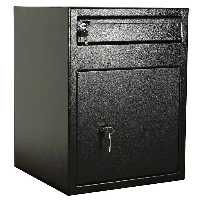 Rottner Einwurftresor Cashmatic 2 - 47 x 46 x 60 cm, Doppelbartschloss - Schwarzer Metall-Einwurftresor mit Strukturfinish, oben Einwurfschlitz, unten Hauptfach, beide schlüssellösbar mit eingesteckten Schlüsseln.