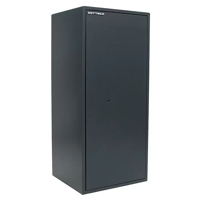 Rottner Möbeltresor Power Safe - Doppelbartschloss, L x B x H: 40 x 44,5 x 100 cm, Anthrazit - Hoher, dunkelgrauer Metall-Sicherheitsschrank mit „ROTTNER“-Logo und Schlüsselloch.