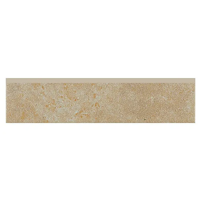 Zócalo cerámico Eslida - 7,4 x 31,2 cm, Arena, Mate - Primer plano de una superficie texturizada de color marrón claro con detalles brillantes. Ideal como textura o fondo.