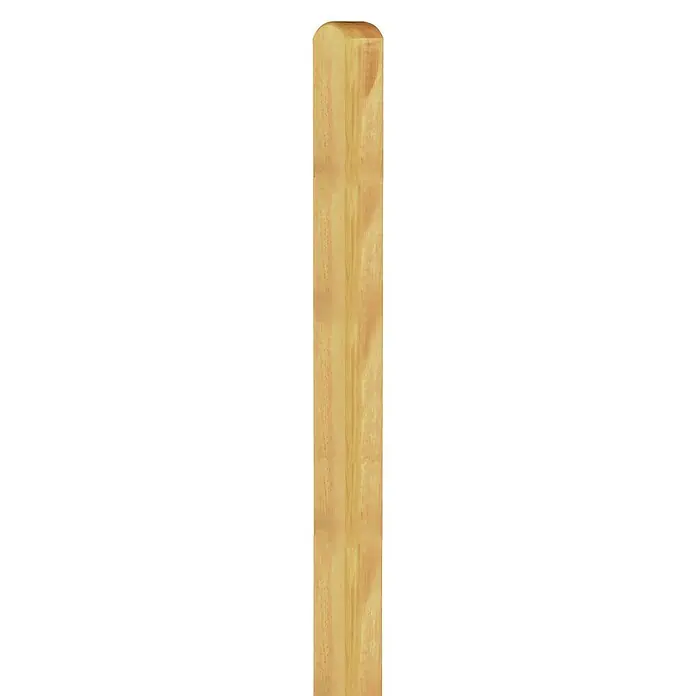 T & J Pfosten9 x 9 x 240 cm, Grün, Abgerundeter Pfostenkopf - Holzpfosten mit abgerundeter Oberseite. Ein unbehandelter, heller Holzpfosten in der Nahaufnahme.