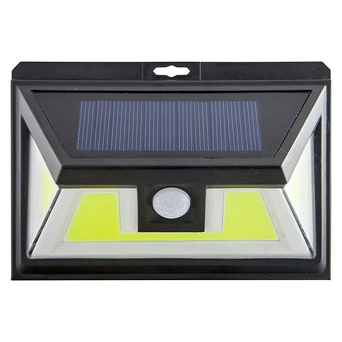 Aplique solar para exterior Universal Sunlight - Negro - Una luz solar con sensor de movimiento en una carcasa negra, con panel solar integrado.