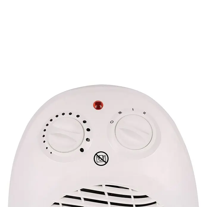Voltomat HEATING Heizlüfter - 1.000 W - 2.000 W, Weiß, 21,5 x 20 x 29,5 cm - Nahaufnahme einer weißen Heizung mit zwei Drehknöpfen und einer roten Kontrollleuchte auf schwarzem Hintergrund.
