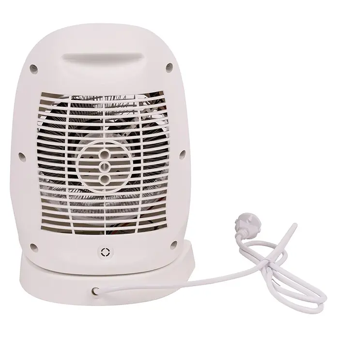 Voltomat HEATING Heizlüfter - 1.000 W - 2.000 W, Weiß, 21,5 x 20 x 29,5 cm - Rückansicht eines weißen Heizlüfters mit einem spiralförmigen Heizelement und einem weißen Kabel mit Stecker.