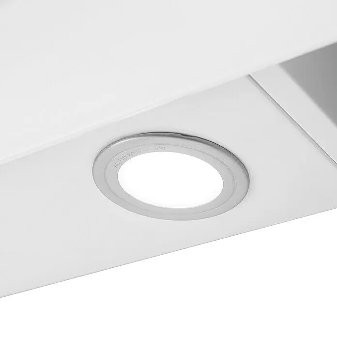 Respekta Schräghaube Svea - Breite: 89,8 cm, Max. Gebläseleistung Abluftbetrieb: 377 m³/h, Weiß - Rundes LED-Einbaulicht mit silbergrauem Rand, strahlt hellweißes Licht aus einer weißen Oberfläche. Gekennzeichnet AC 110-240V ≤ 1.5W.