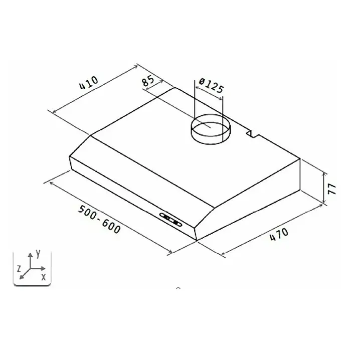 Respekta Unterbauhaube Suna - Breite: 60 cm, Max. Gebläseleistung Abluftbetrieb: 205 m³/h, Schwarz - Schematische Zeichnung einer Dunstabzugshaube mit Maßangaben wie 410, 85, Ø125, 500-600, 470 und 77 zur Veranschaulichung der Produktabmessungen.