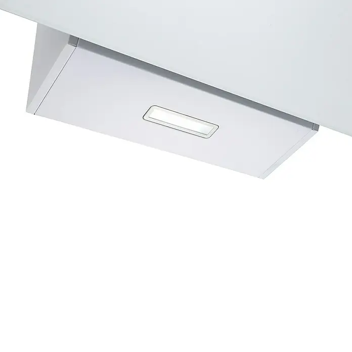 Respekta Schräghaube Sarina - Breite: 60 cm, Max. Gebläseleistung Abluftbetrieb: 494,3 m³/h, Weiß - Nahaufnahme einer weißen Dunstabzugshaube mit integrierter Beleuchtung, die unter einem Schrank montiert ist.