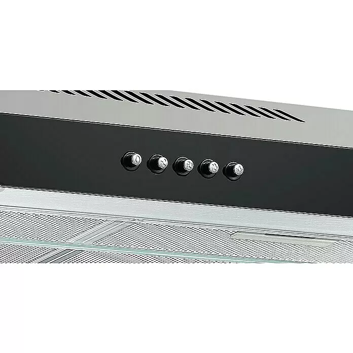Respekta Unterbauhaube Lili - Breite: 60 cm, Max. Gebläseleistung Abluftbetrieb: 200,9 m³/h, Edelstahl - Nahaufnahme einer silber-schwarzen Dunstabzugshaube mit Drucktasten für Lüfterstufe und Licht.