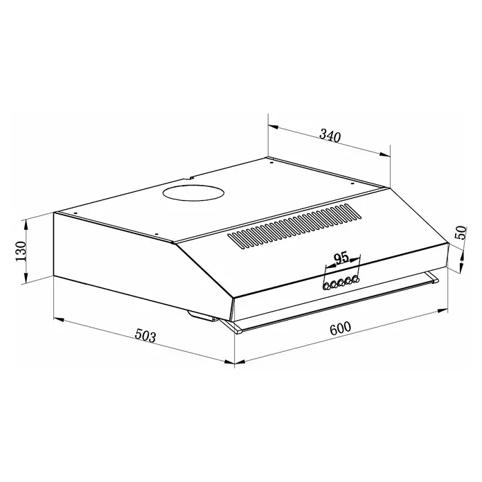 Respekta Unterbauhaube Lili - Breite: 60 cm, Max. Gebläseleistung Abluftbetrieb: 200,9 m³/h, Edelstahl - Eine detaillierte technische Zeichnung einer Dunstabzugshaube mit Maßangaben für Design und Installation.