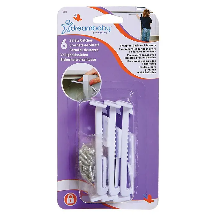 Dreambaby Sicherheitsriegel - 6 Stk., Kunststoff - Produktbild von Dreambaby Schranksicherungen, 6 Stück, zur Kindersicherung von Schränken und Schubladen.