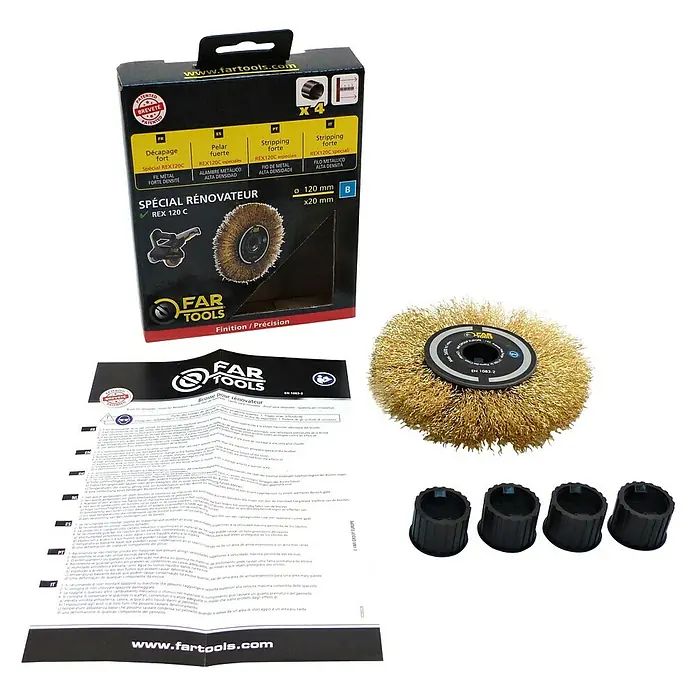 Fartools Bürstenwalze - Geeignet für: Metall - Produktbild des FAR TOOLS REX 120 C Bürstenaufsatzes mit Zubehör, ideal für Renovierungsarbeiten und zum Entrosten.