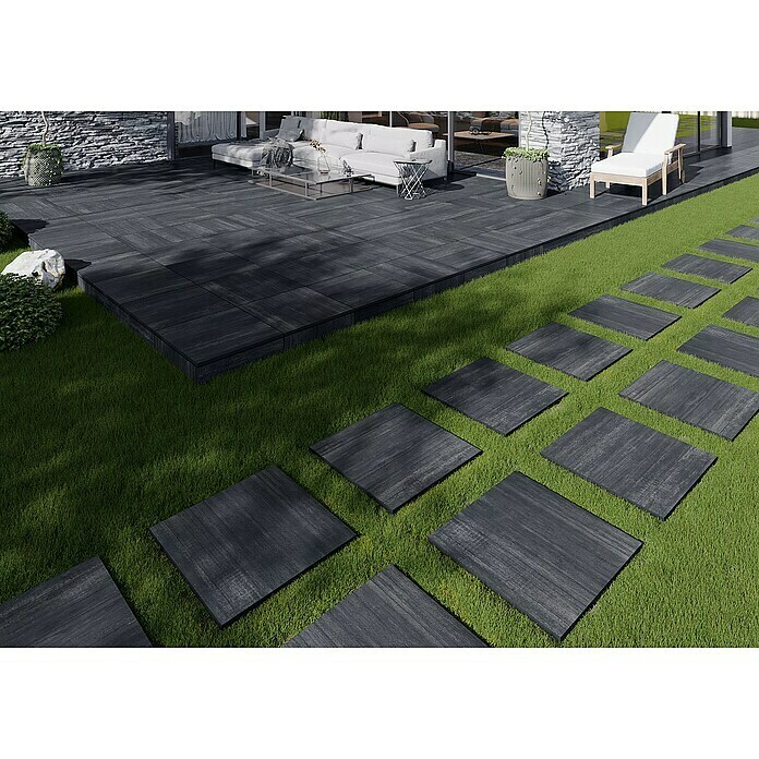 Terrassenfliese Garden Black Struktur60 x 60 x 2 cm, Schwarz, Matt Mood Shot