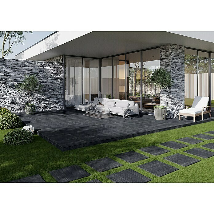 Terrassenfliese Garden Black Struktur60 x 60 x 2 cm, Schwarz, Matt Mood Shot