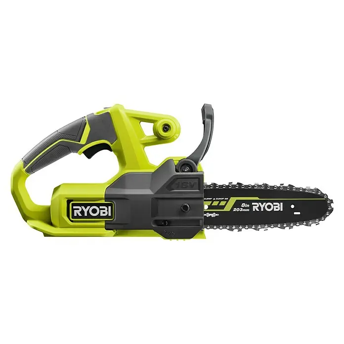 Ryobi ONE+ Maschinenpaket - Akku-Kettensäge RY18CS20A-0,18V, 4 Ah Akku & 2A Ladegerät - Abgebildet ist eine Ryobi Akku-Kettensäge mit einem 8-Zoll-Schwert. Die Kettensäge ist gelb und grau und hat einen schwarzen Hintergrund.