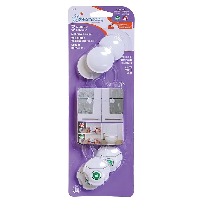 Dreambaby Multifunktionsverschluss EZY-Check - Montageart: Einhängen, Transparent, 3 Stk. - Dreierpack Dreambaby Mehrzweckriegel für Kindersicherheit mit Indikator zur einfachen Überprüfung der Verriegelung, selbstklebend.