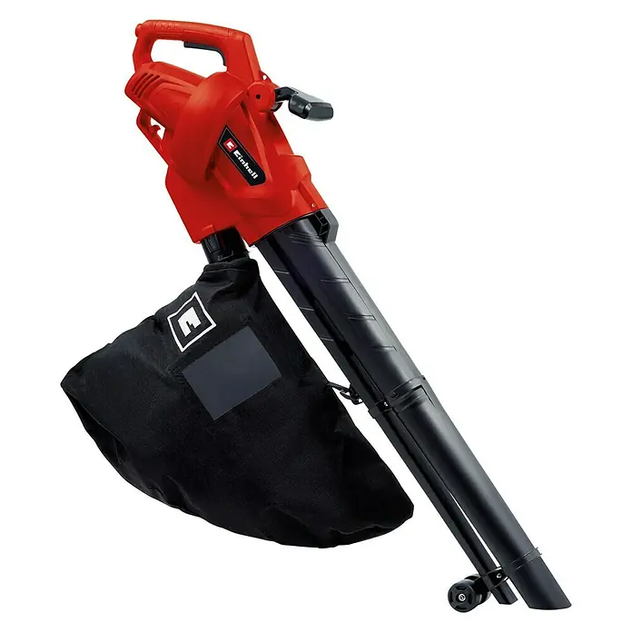 Einhell Aspirador de hojas eléctrico GC-EL 3024 E - 3.000 W, Velocidad de soplado: 240 km/h - Un soplador de hojas rojo Einhell con tubo de soplado negro y bolsa de recogida, ideal para trabajos de jardinería.