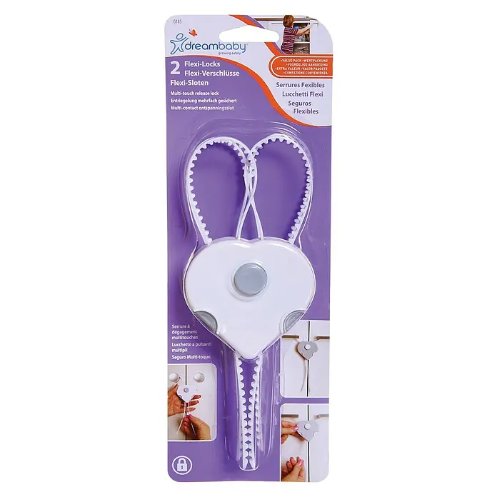 Dreambaby Multifunktionsverschluss - Montageart: Einhängen, Weiß, 2 Stk. - Abbildung der DreamBaby Flexi-Locks, 2 flexible Kindersicherungen für Schränke, Schubladen und mehr, für erhöhte Sicherheit im Haus.