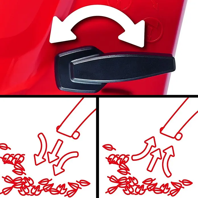 Einhell Aspirador de hojas eléctrico GC-EL 3024 E - 3.000 W, Velocidad de soplado: 240 km/h - Un recipiente rojo con un asa negra y un símbolo de flecha que indica cómo abrir el recipiente para sacar su contenido.