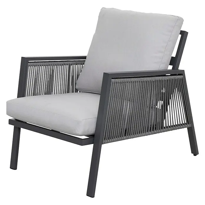 Sunfun Conjunto de muebles Keira - 4 pzs., Aluminio, Antracita - Esta moderna silla gris presenta cómodos cojines y detalles de cuerda. Es un mueble elegante y confortable.