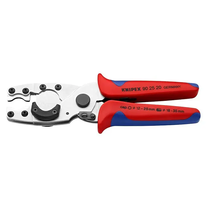 Knipex Rohrabschneider - Durchmesser Rohr: 12 mm - 35 mm - Das Bild zeigt eine KNIPEX 90 25 20 Crimpzange für Schlauchschellen, mit rot-blauen Griffen und deutlichen Größenangaben.
