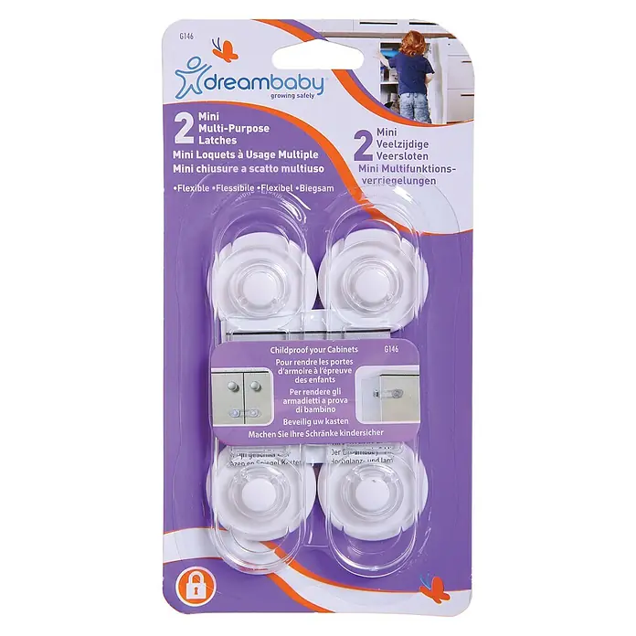 Dreambaby Mini-Multifunktionsverschluss - 2 Stk., Kleben - Dreambaby Mini-Mehrzweckriegel, 2er-Packung, zur Sicherung von Schränken und Schubladen, um Kinder vor Gefahren zu schützen.