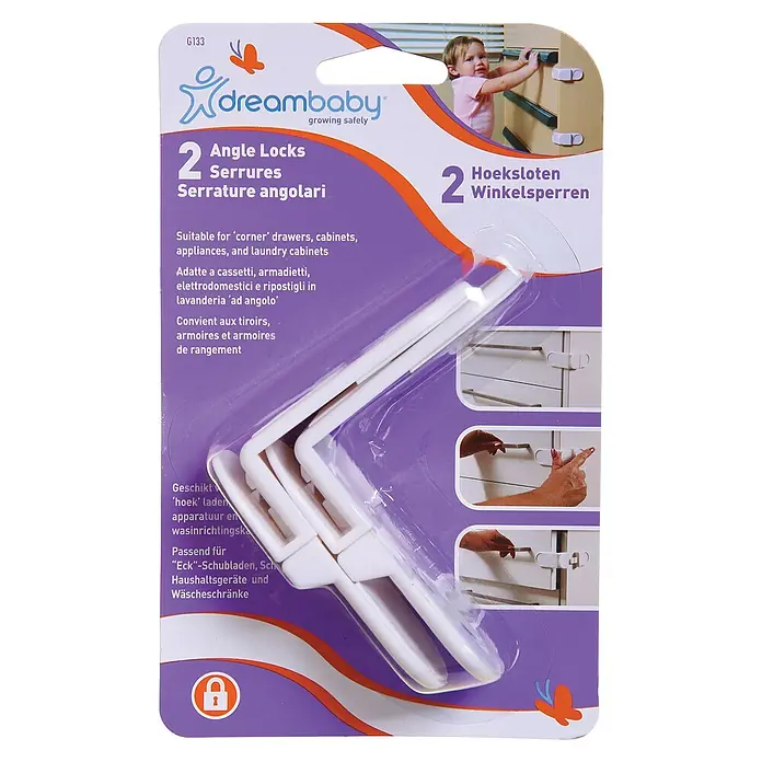 Dreambaby Winkelverschluss - Weiß, 2 Stk. - Bild zeigt eine Dreambaby-Packung mit zwei Eckschranksicherungen für Schubladen, Schränke, Geräte und Wäschemöbel.