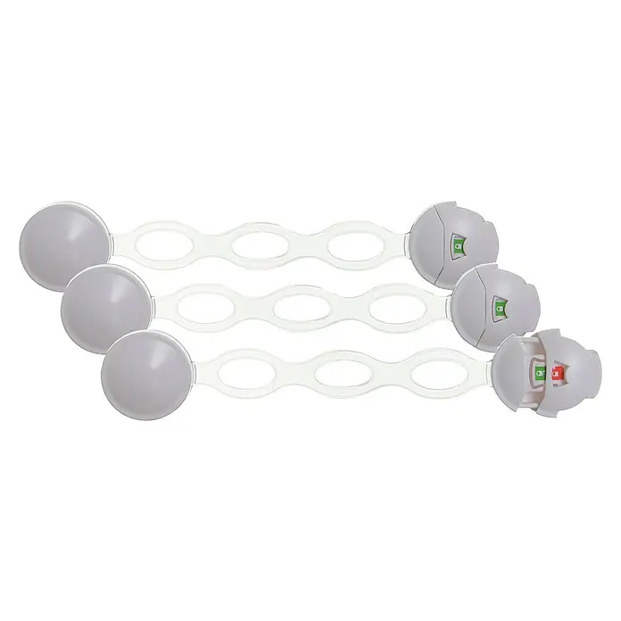 Dreambaby Multifunktionsverschluss EZY-Check - Montageart: Einhängen, Transparent, 3 Stk. - Drei weiße Schrankschlösser für die Kindersicherung, bestehend aus runden Enden und einem gelochten Mittelteil.