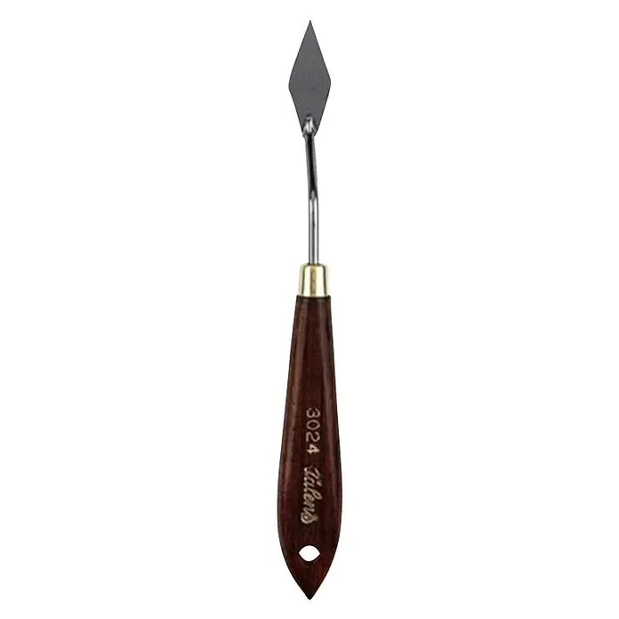 Talens Espátula para pintar Nº 3024 - Tamaño: Pequeño - Primer plano de una espátula de pintura al óleo con mango de madera y hoja de metal, ideal para mezclar y aplicar pintura sobre lienzos.